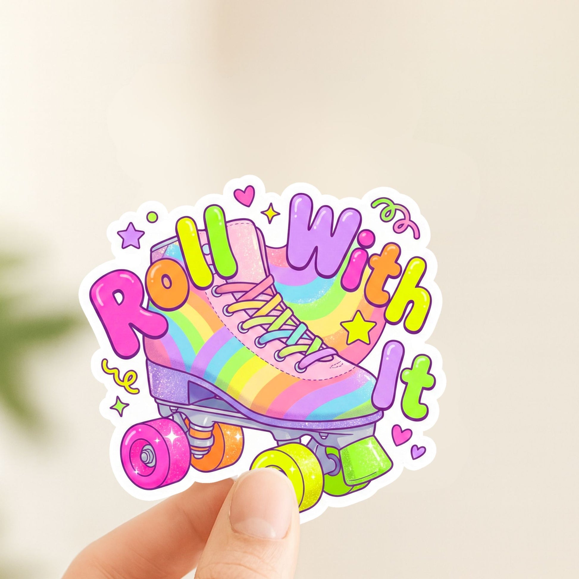 Roll With It Rainbow Skate | Retro Skater | Iridescent Vinyl | Die-Cut Sticker
