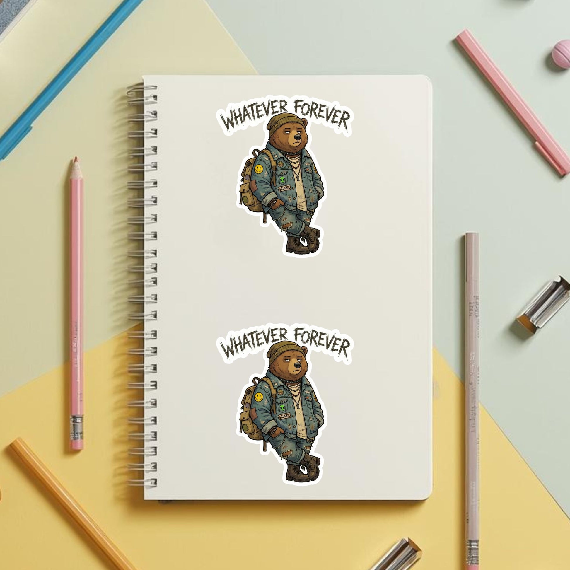Whatever Forever Grunge Bear | Edgy Aesthetic | White Vinyl | Die-Cut Sticker