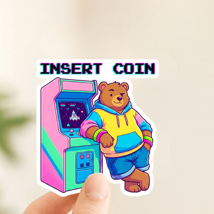 Insert Coin Arcade Bear | Retro Gamer | White Vinyl | Die-Cut Sticker