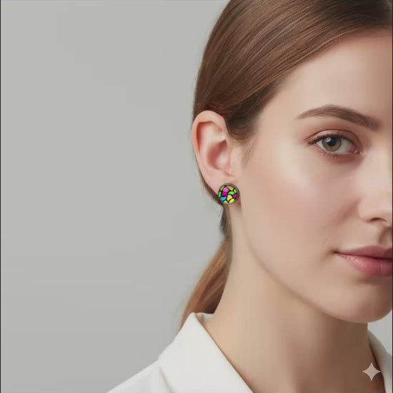 Colourful Stained Glass Style Stud Earrings – Vibrant Rainbow Pattern, Stainless Steel